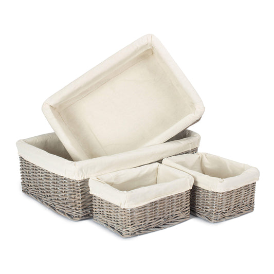 Grey Wash Willow Tray Baskets with White Lining Set 4