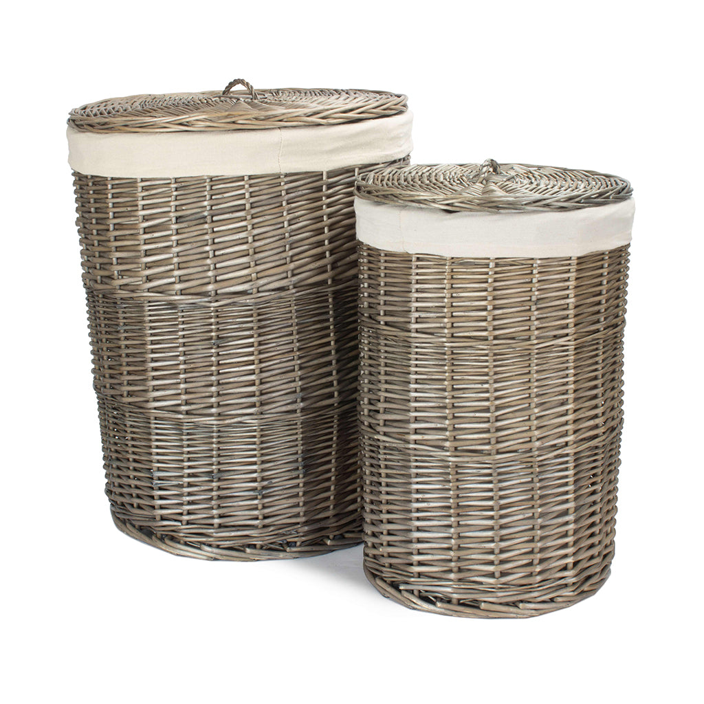 Antique Wash Willow Round Linen Basket with White Lining Set 2