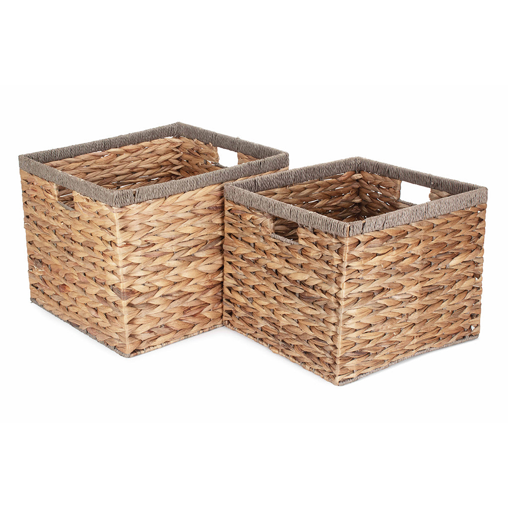 Square Water Hyacinth Storage Baskets With Grey Rope Border Set of 2