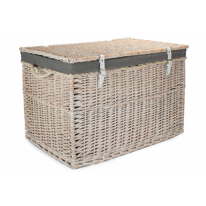 29 Inch White Wash Willow Storage Hamper with Rope Handles and Grey Sage Lining