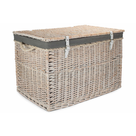 29 Inch White Wash Willow Storage Hamper with Rope Handles and Grey Sage Lining