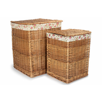 Light Steamed Willow Square Laundry Basket with Garden Rose Set 2