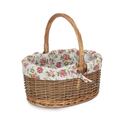 Oval Unpeeled Willow Shopper Basket with Garden Rose Lining - Size 2 Medium