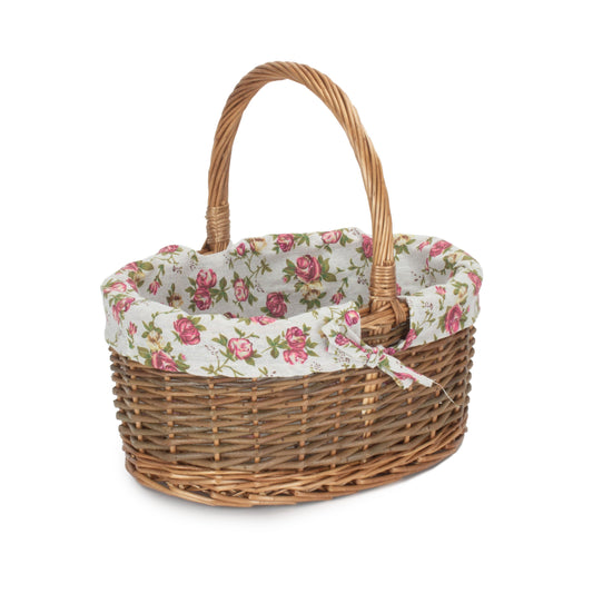 Oval Unpeeled Willow Shopper Basket with Garden Rose Lining - Size 2 Medium