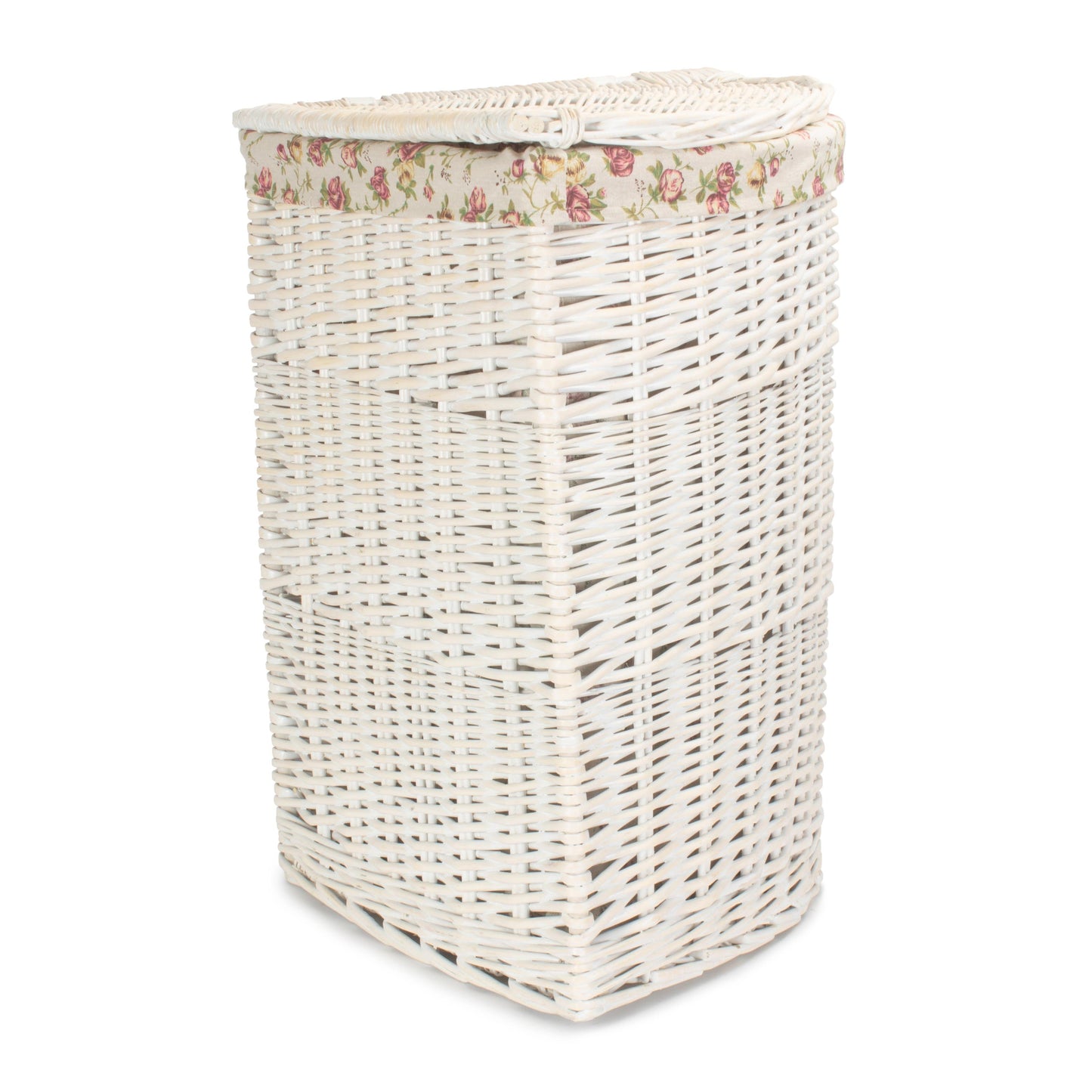 White Wash Willow Corner Laundry Hamper With Garden Rose Lining - Large