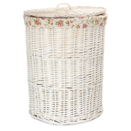 White Wash Willow Round Laundry Hamper With Garden Rose Lining - Large