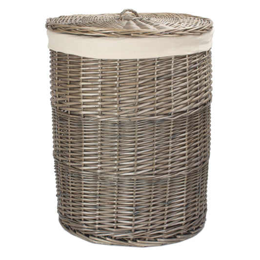 Antique Wash Round Linen Basket with White Lining - Large