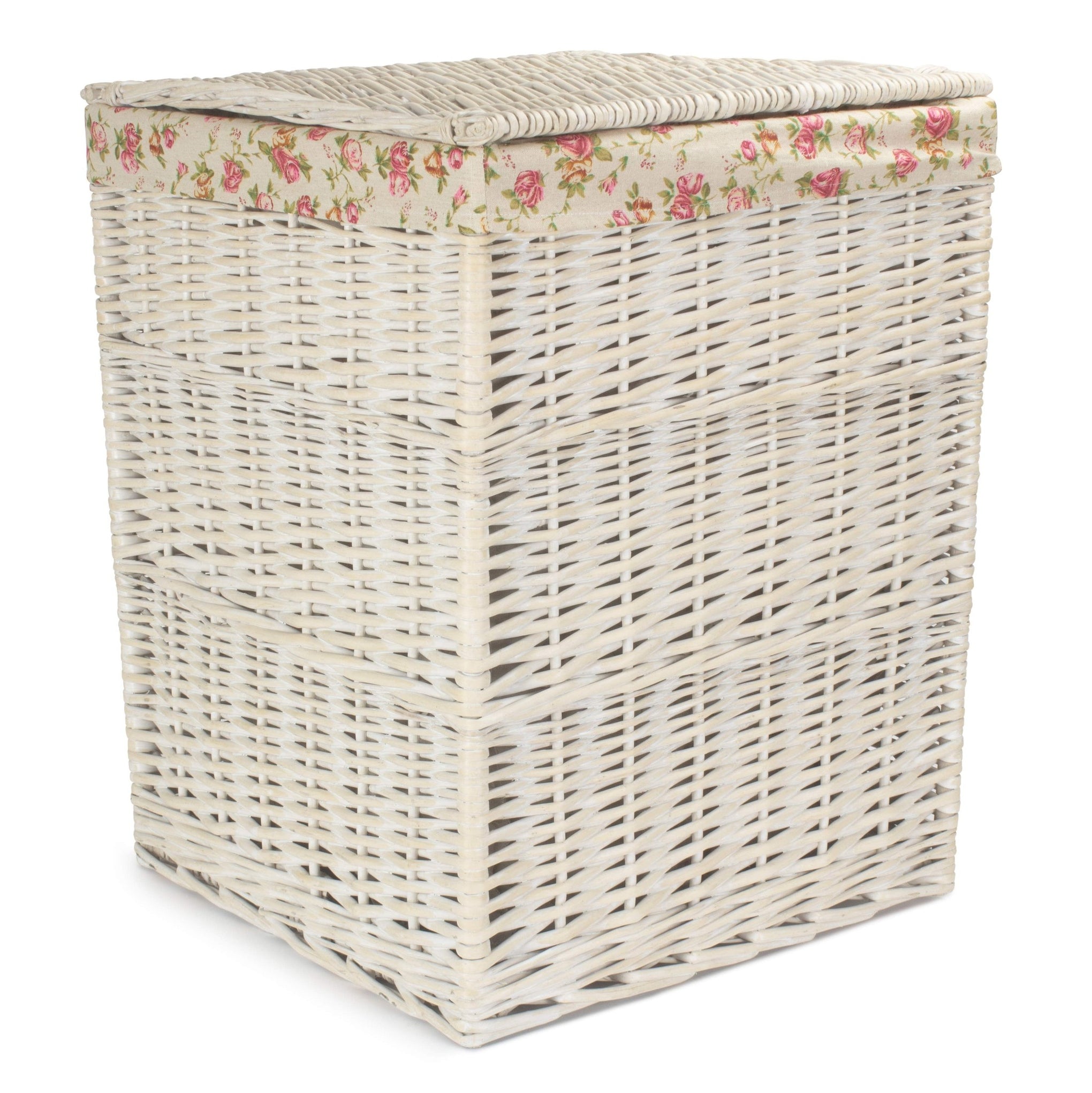 Square White Wash Laundry Hamper with Garden Rose Lining - Large