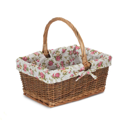 Rectangular Unpeeled Willow Shopper Basket with Garden Rose Lining - Size 2 Medium
