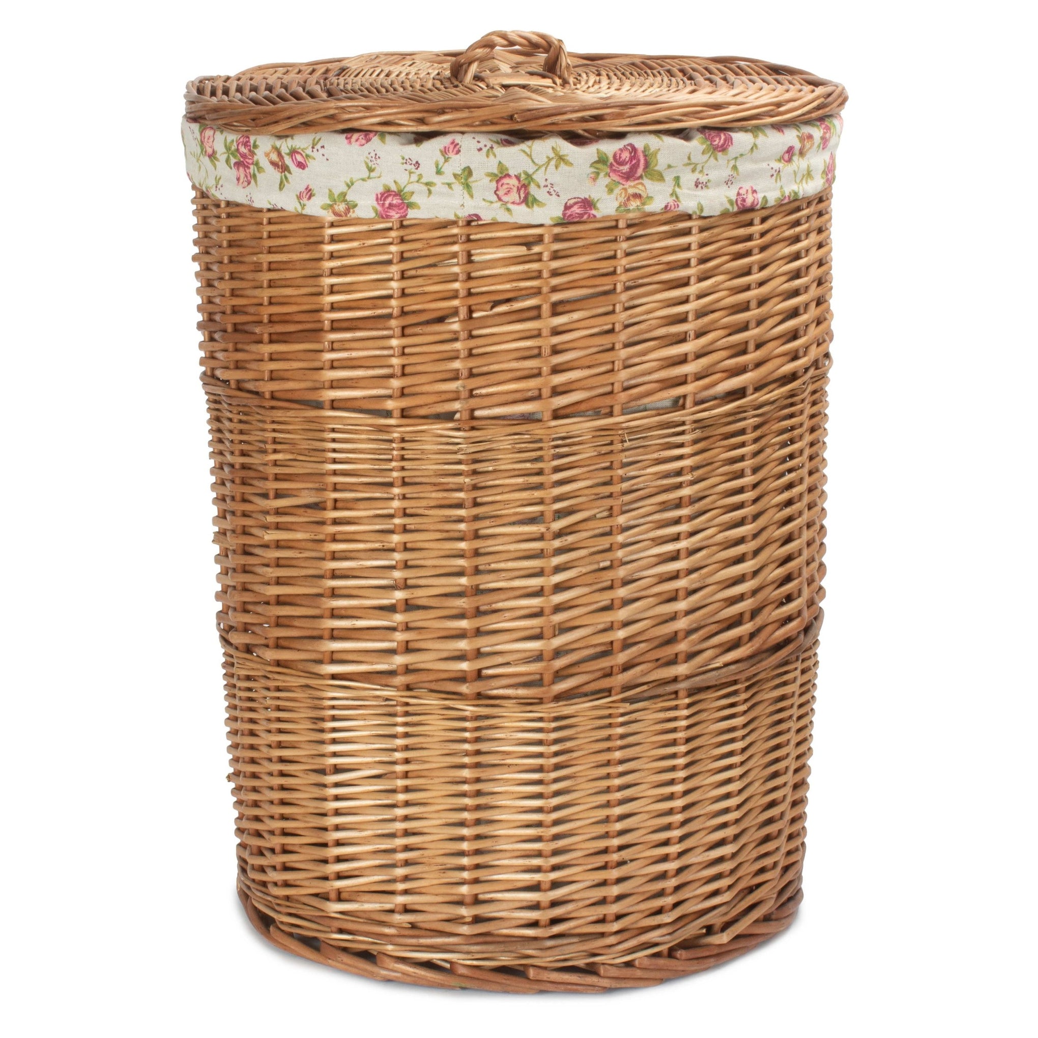Light Steamed Willow Round Linen Basket with Garden Rose Lining - Large