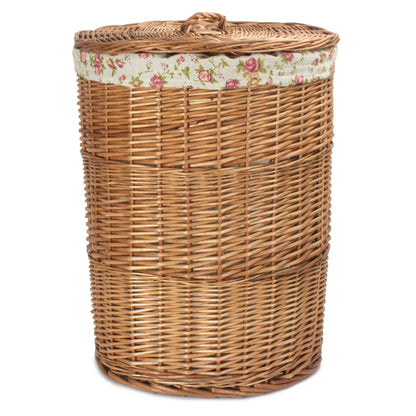 Light Steamed Willow Round Linen Basket with Garden Rose Lining - Large