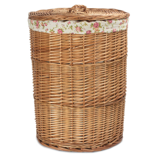 Light Steamed Willow Round Linen Basket with Garden Rose Lining - Large