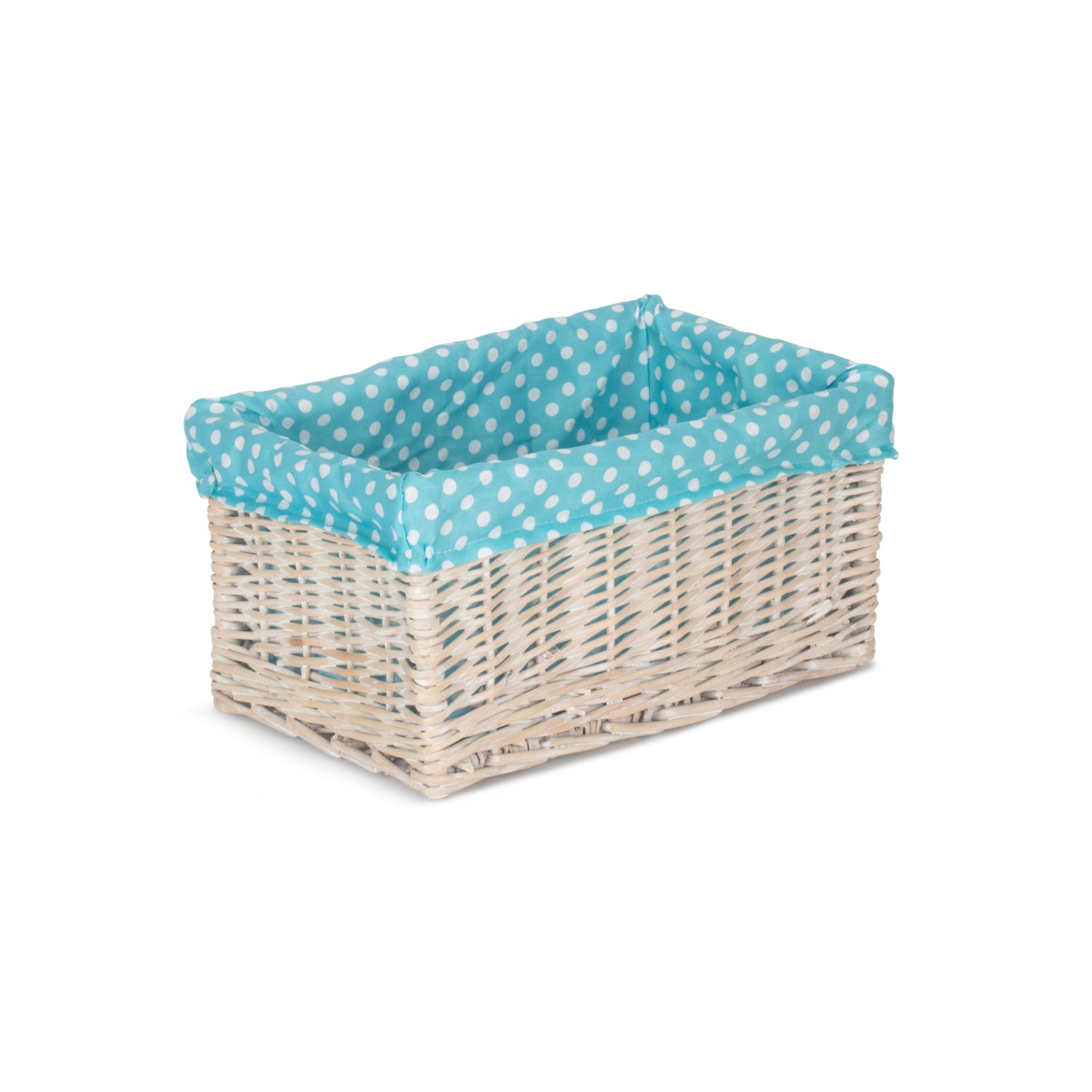 Medium White Wash Willow Storage Basket with Blue Spotty Lining