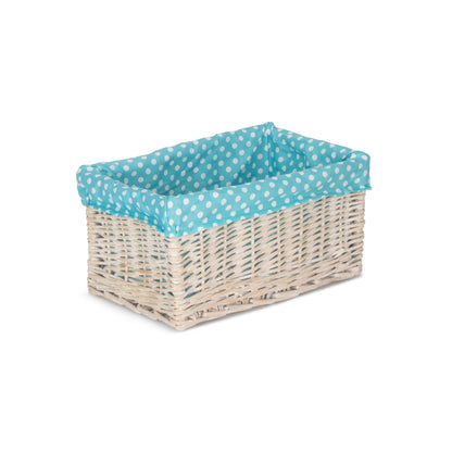 Medium White Wash Willow Storage Basket with Blue Spotty Lining