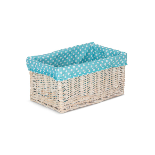 Medium White Wash Willow Storage Basket with Blue Spotty Lining