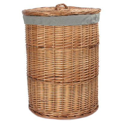 Light Steamed WIllow Round Linen Basket with Grey Sage Lining - Large