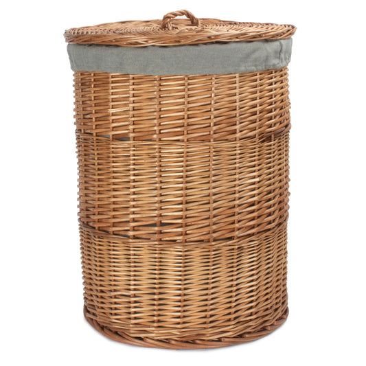 Light Steamed WIllow Round Linen Basket with Grey Sage Lining - Large