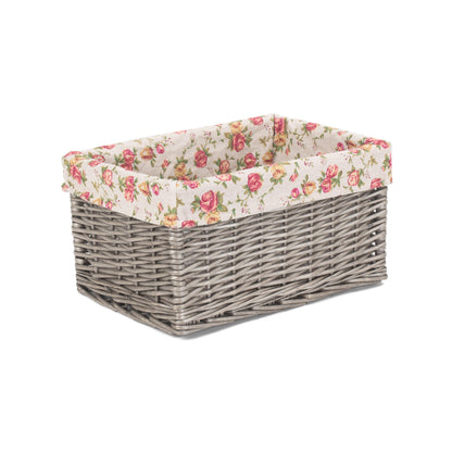 Medium Antique Wash Willow Storage Basket with Garden Rose Lining