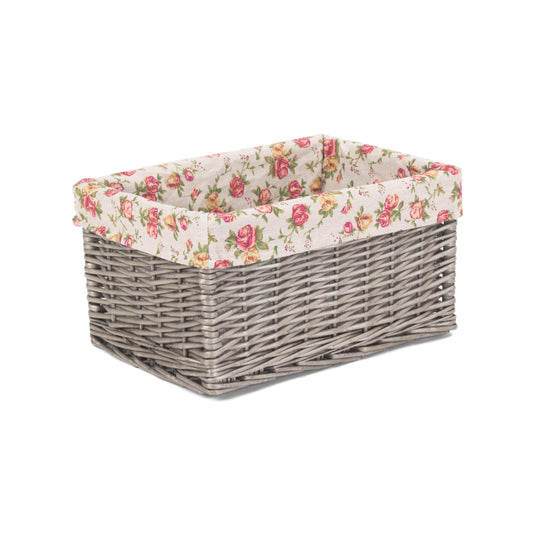 Medium Antique Wash Willow Storage Basket with Garden Rose Lining