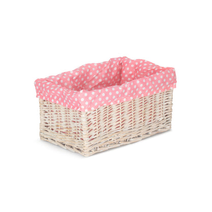 Medium White Wash Willow Storage Basket with Pink Spotty Lining