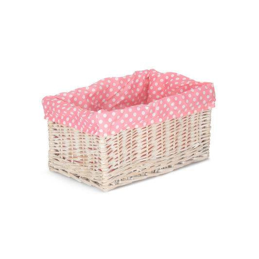 Medium White Wash Willow Storage Basket with Pink Spotty Lining