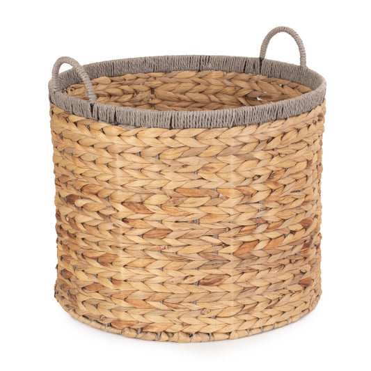 Large Round Water Hyacinth Storage Basket With Grey Rope Border