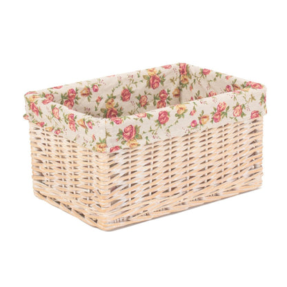 Medium White Wash Willow Storage Basket with Garden Rose Lining
