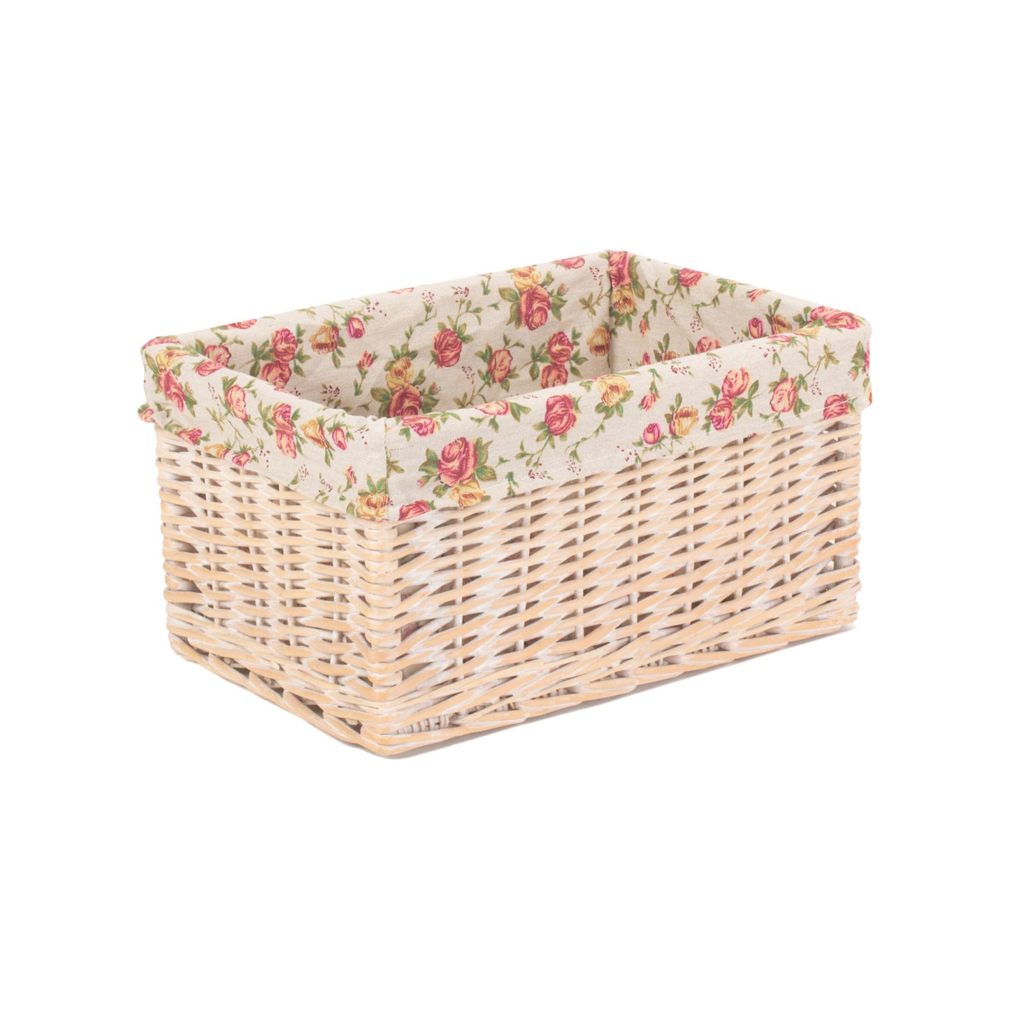 Medium White Wash Storage Basket With Garden Rose Lining