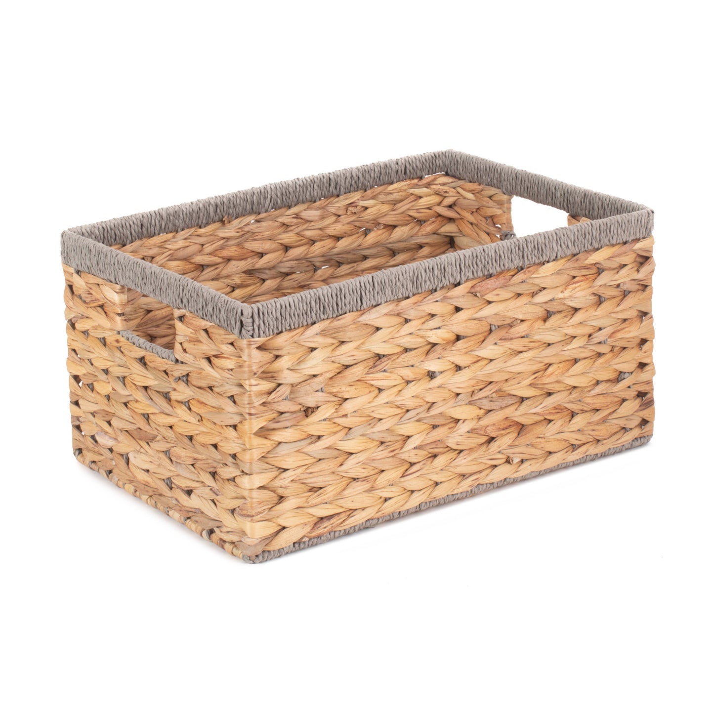 Medium Water Hyacinth Rectangular Storage Basket With Grey Rope Border