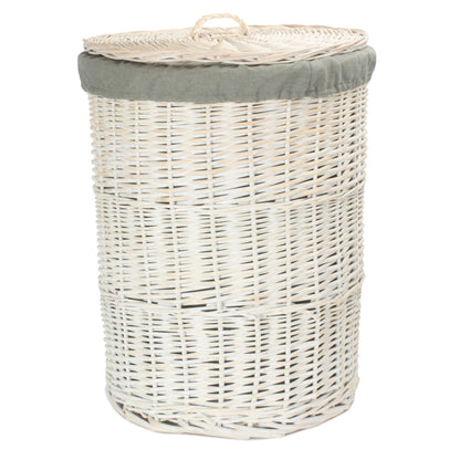 White Wash Willow Round Laundry Hamper With Grey Sage Lining - Large