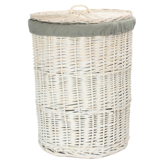 White Wash Willow Round Laundry Hamper With Grey Sage Lining - Large