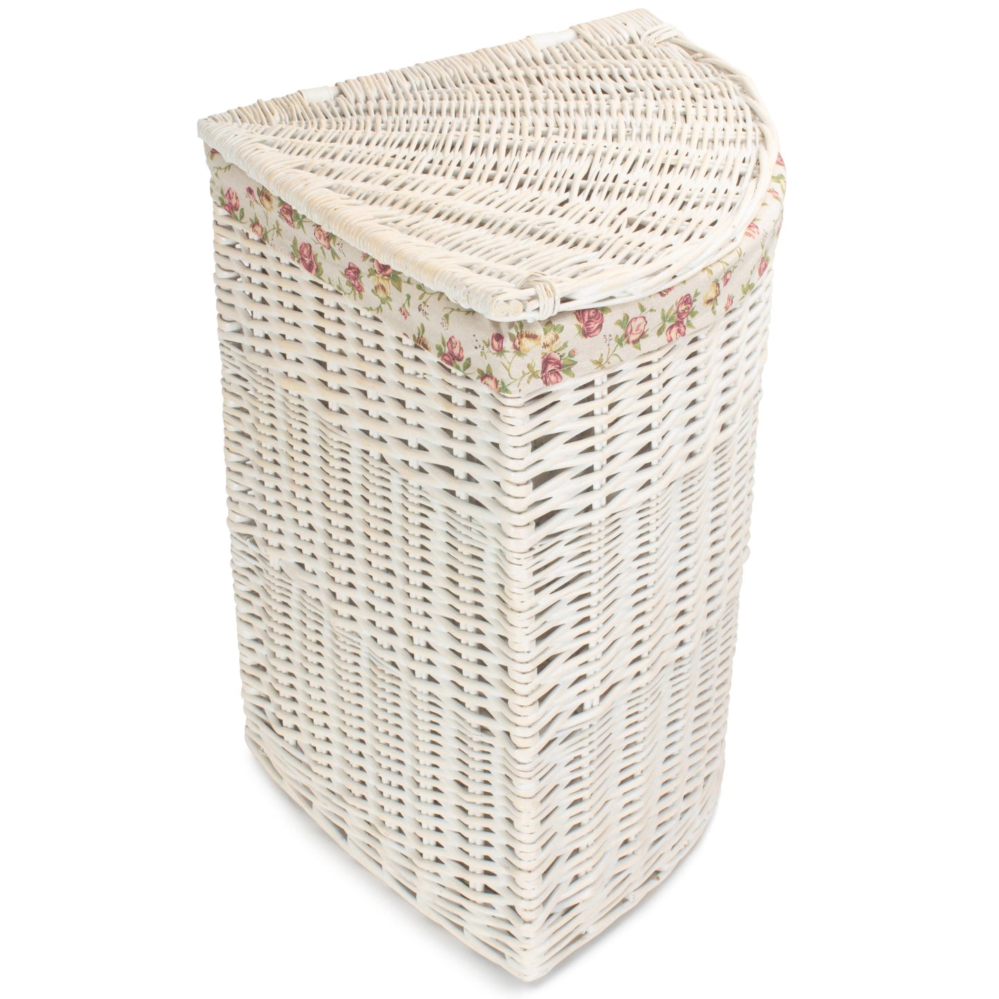 White Wash Willow Corner Laundry Hamper With Garden Rose Lining - Large