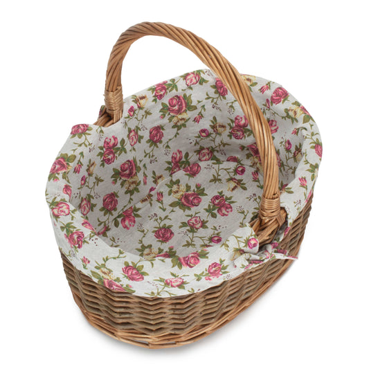 Oval Unpeeled Willow Shopper Basket with Garden Rose Lining - Size 2 Medium