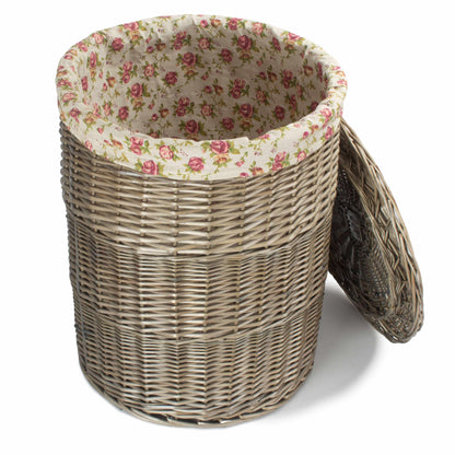 Antique Wash Willow Large Round Linen Basket with Garden Rose Lining