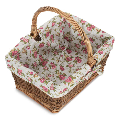 Rectangular Unpeeled Willow Shopper Basket with Garden Rose Lining - Size 2 Medium