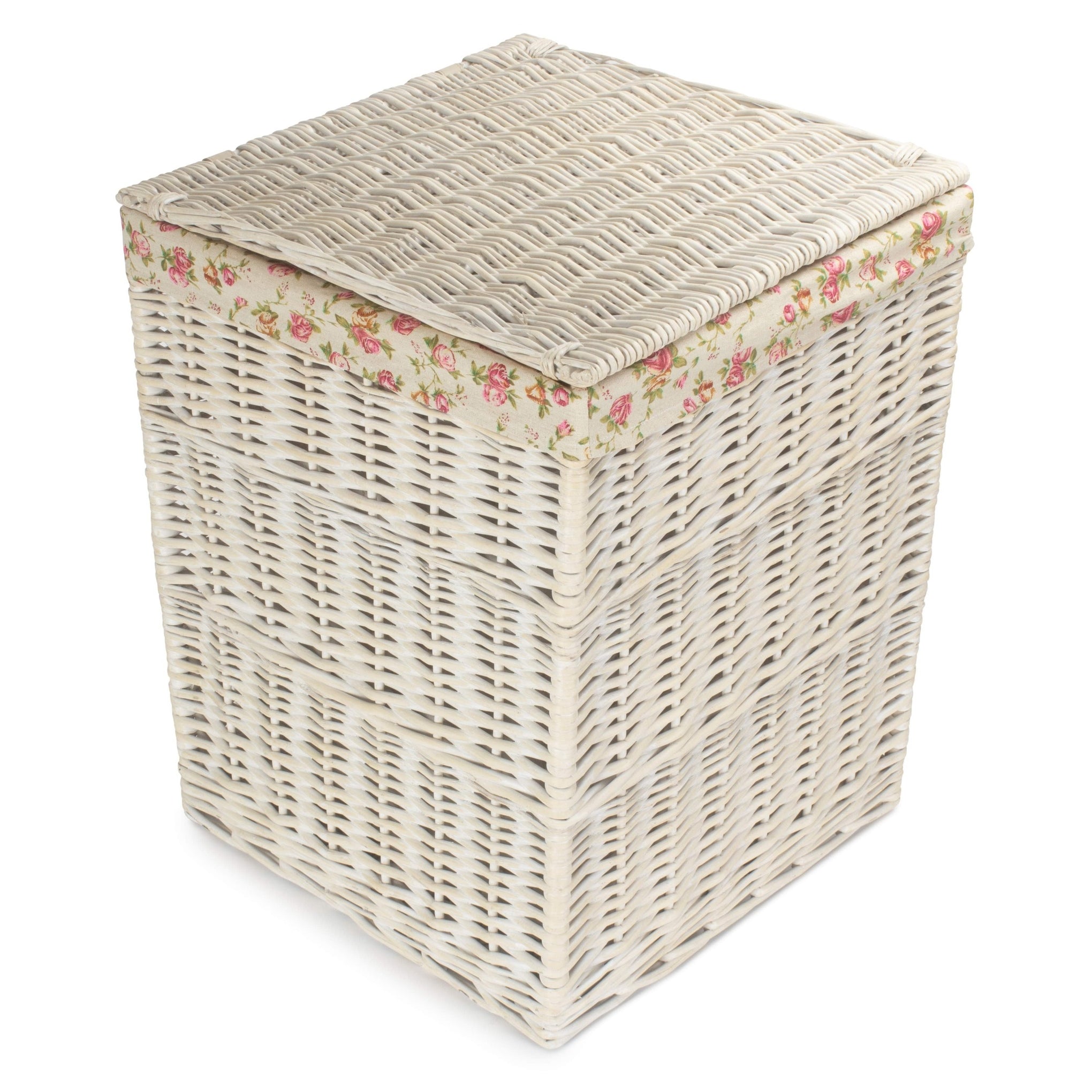 Square White Wash Laundry Hamper with Garden Rose Lining - Large