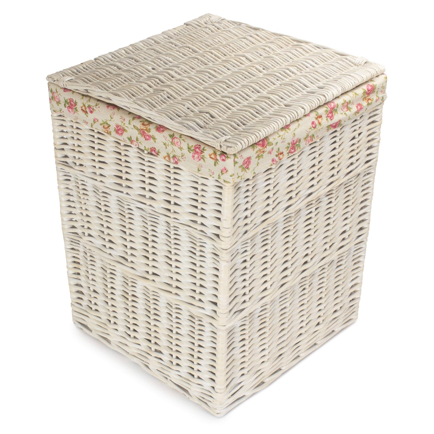 Square White Wash Laundry Hamper with Garden Rose Lining - Large