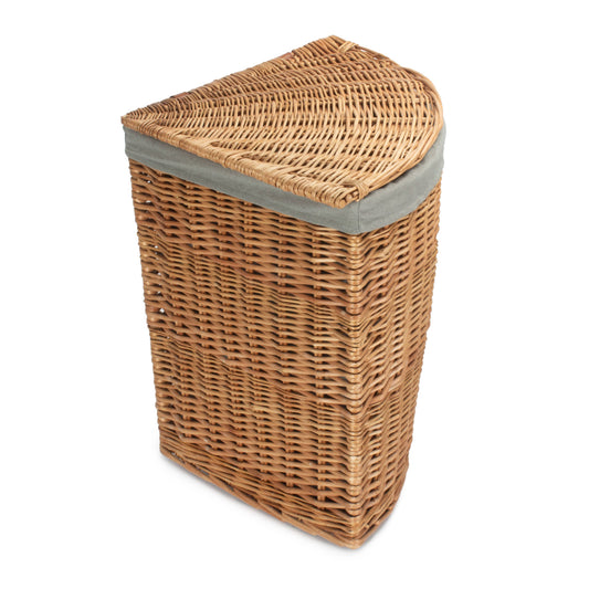 Light Steamed Willow Corner Linen Basket with Grey Sage Lining - Large