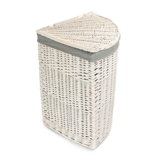 White Wash Willow Corner Laundry Hamper with Grey Sage Lining - Large