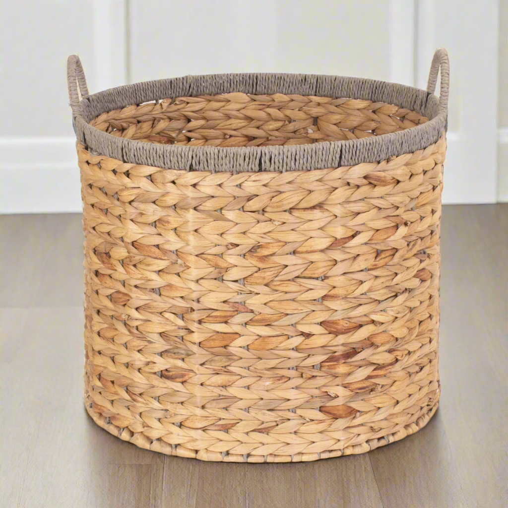 Large Round Water Hyacinth Storage Basket With Grey Rope Border