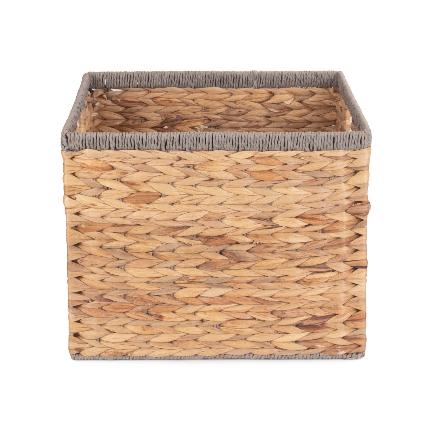 Medium Square Water Hyacinth Storage Basket With Grey Rope Border