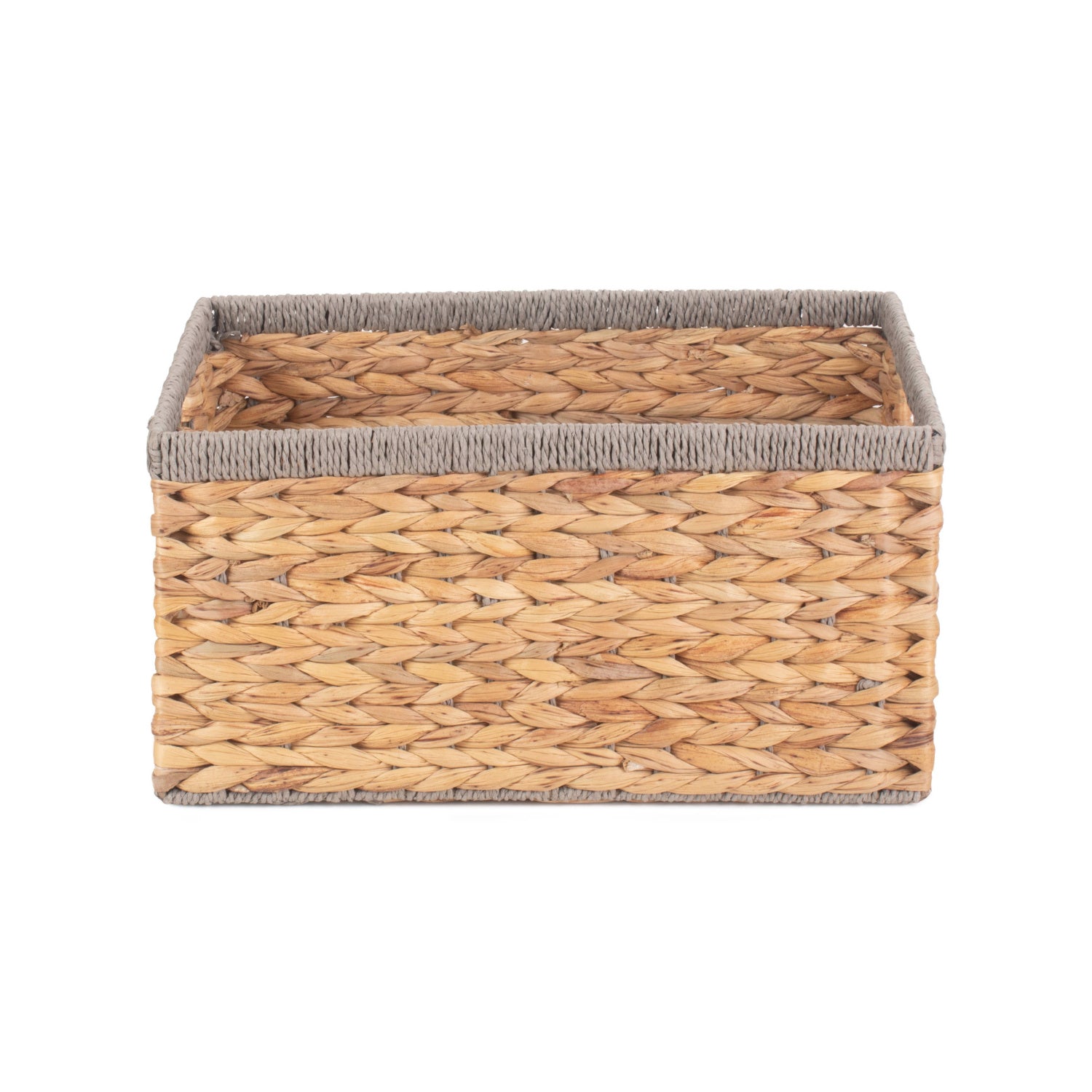 Medium Water Hyacinth Rectangular Storage Basket With Grey Rope Border