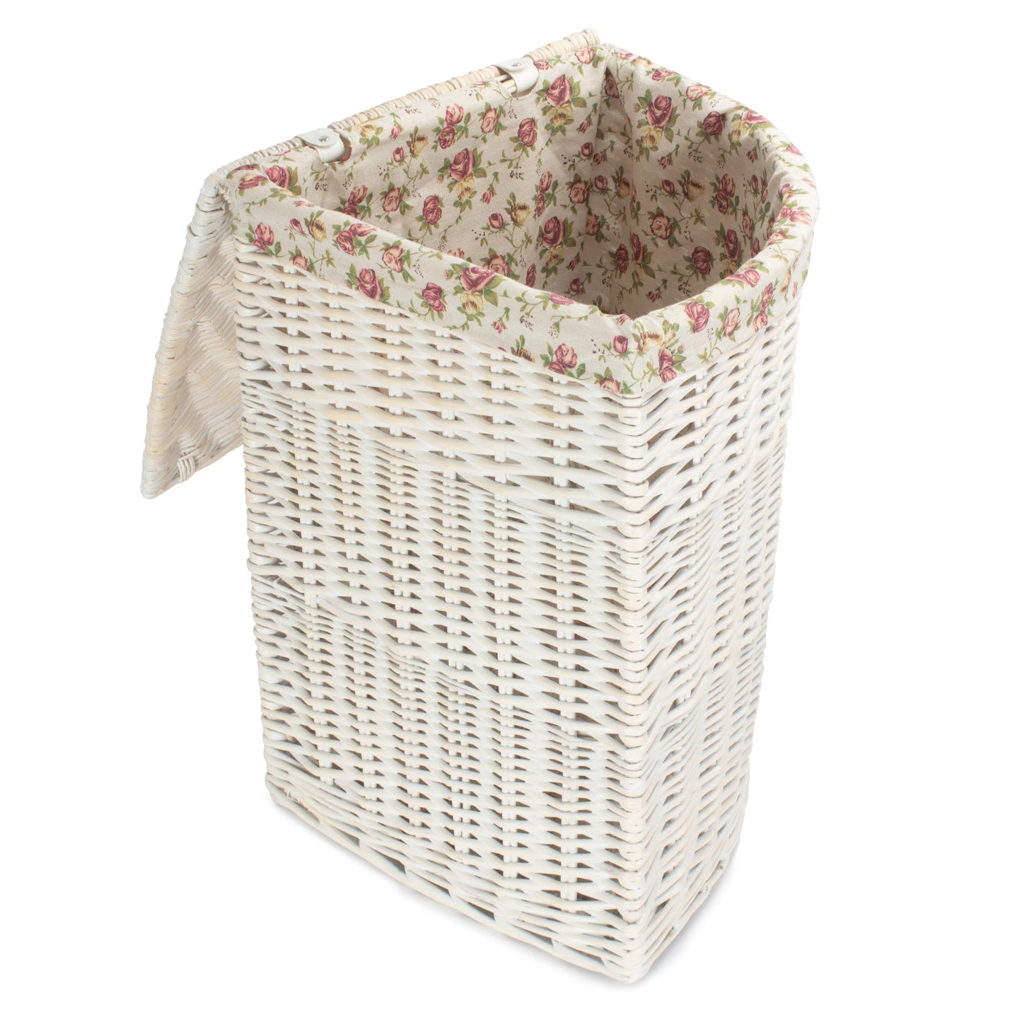 White Wash Willow Corner Laundry Hamper With Garden Rose Lining - Large