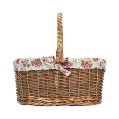 Oval Unpeeled Willow Shopper Basket with Garden Rose Lining - Size 2 Medium