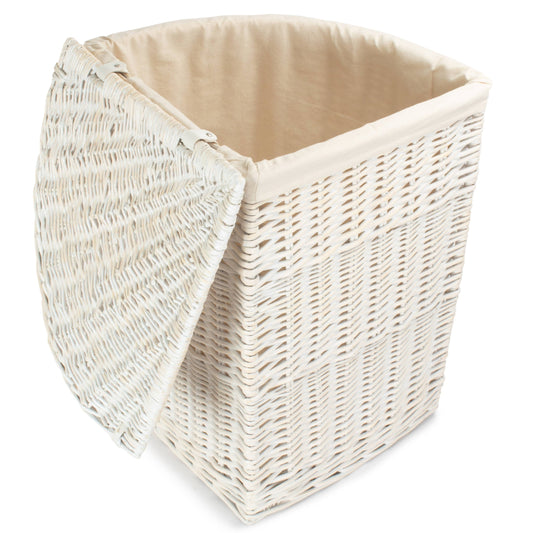 White Wash Willow Corner Laundry Hamper with White Lining - Large