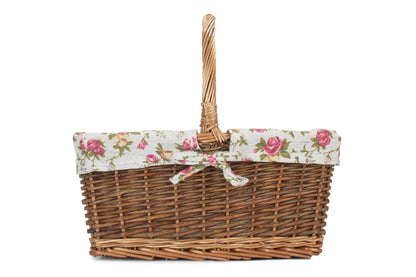 Rectangular Unpeeled Willow Shopper Basket with Garden Rose Lining - Size 2 Medium