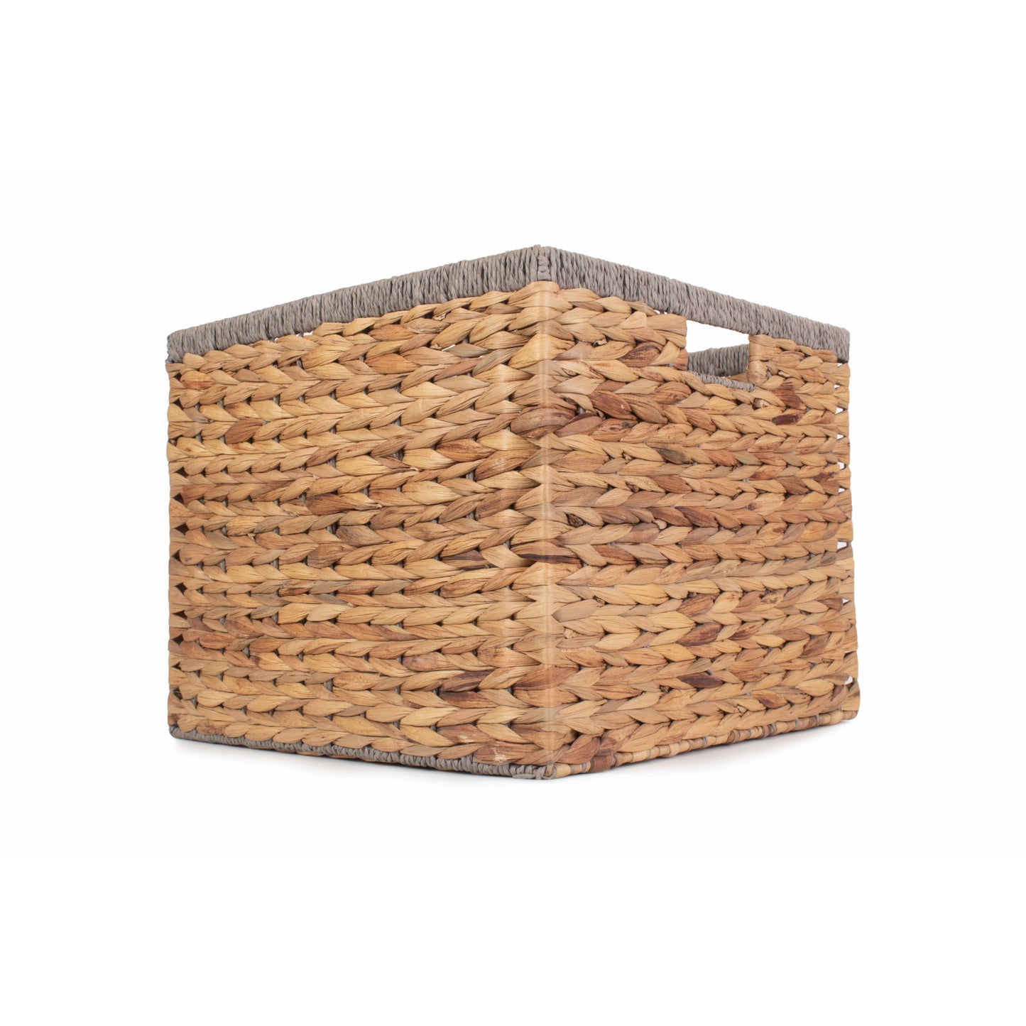 Medium Square Water Hyacinth Storage Basket With Grey Rope Border