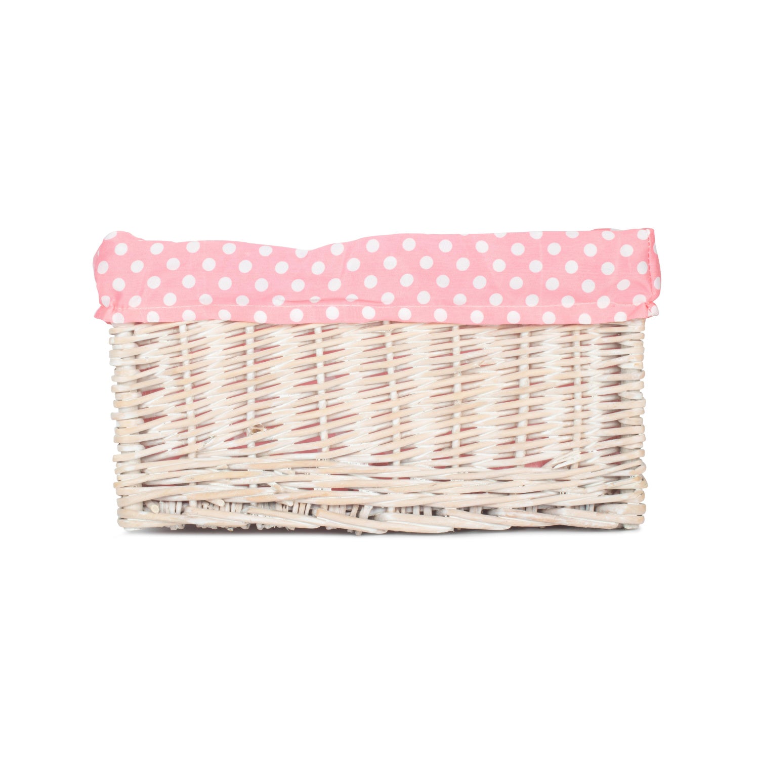 Medium White Wash Willow Storage Basket with Pink Spotty Lining