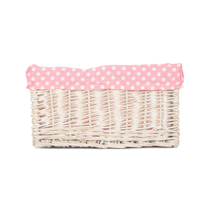 Medium White Wash Willow Storage Basket with Pink Spotty Lining