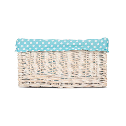 Medium White Wash Willow Storage Basket with Blue Spotty Lining